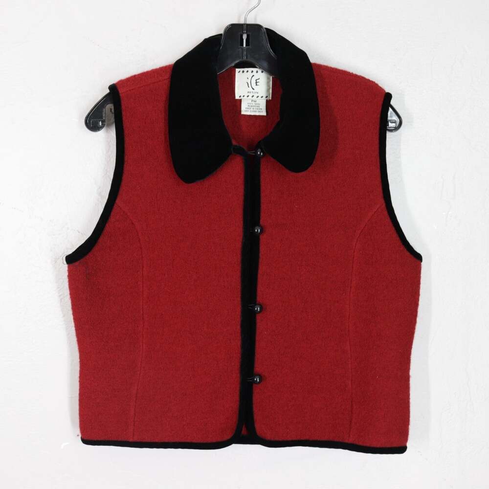 Vtg ICE Wool Vest Womens Petite M Burgundy Black Velvet Trim Collar Toggle